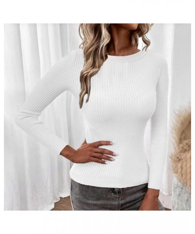 Long Sleeve Shirts for Women Fall and Winter Solid Color Knit Shirt Round Neck Stripe Slim Fitting Warm Versatile White-2 $4....