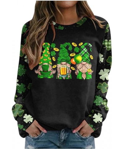 St.Patricks Day Shirts For Women Funny Shamrock Print Gnome Graphic Sweatshirt Tops Casual Irish Fashion Pullover 01 Black $1...