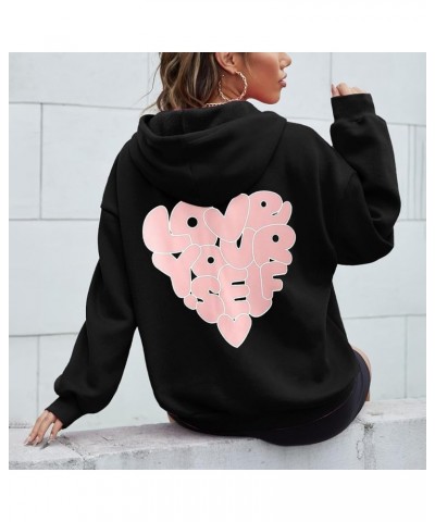 Hoodies for Women Love You Self Printed Graphic Long Sleeve Sweatshirt Fleece Pullover Oversized Tops Y2K Black $9.43 Activewear