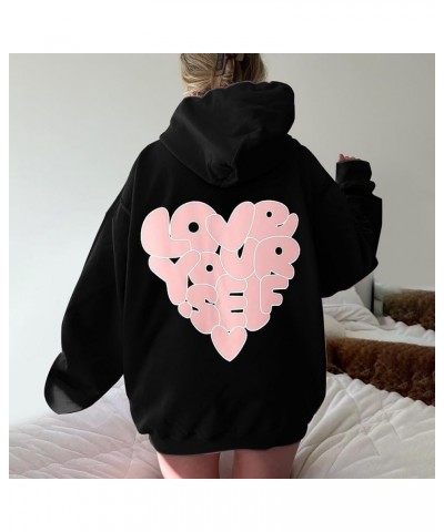 Hoodies for Women Love You Self Printed Graphic Long Sleeve Sweatshirt Fleece Pullover Oversized Tops Y2K Black $9.43 Activewear