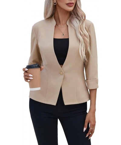 Women's 3/4 Sleeve Mock Neck Blazer Button Front Business Jackets for Work Khaki $17.63 Blazers