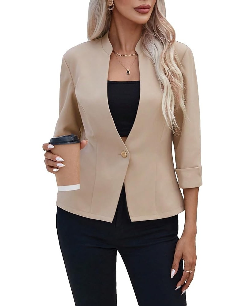 Women's 3/4 Sleeve Mock Neck Blazer Button Front Business Jackets for Work Khaki $17.63 Blazers