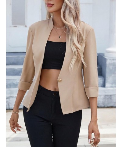 Women's 3/4 Sleeve Mock Neck Blazer Button Front Business Jackets for Work Khaki $17.63 Blazers