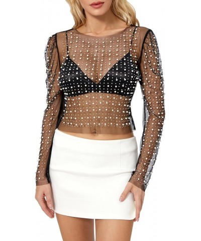 Women's Sexy Pearl Crop Top Long Sleeve Sheer Mesh Tee Shirt See Through Going Out Top Beach Cover Up Black4 $11.39 Swimsuits