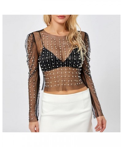 Women's Sexy Pearl Crop Top Long Sleeve Sheer Mesh Tee Shirt See Through Going Out Top Beach Cover Up Black4 $11.39 Swimsuits