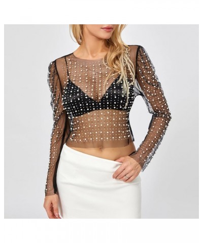 Women's Sexy Pearl Crop Top Long Sleeve Sheer Mesh Tee Shirt See Through Going Out Top Beach Cover Up Black4 $11.39 Swimsuits