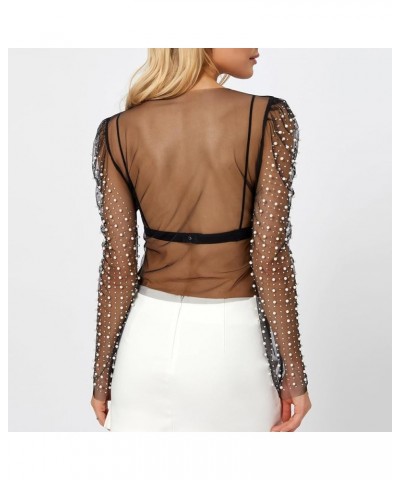 Women's Sexy Pearl Crop Top Long Sleeve Sheer Mesh Tee Shirt See Through Going Out Top Beach Cover Up Black4 $11.39 Swimsuits