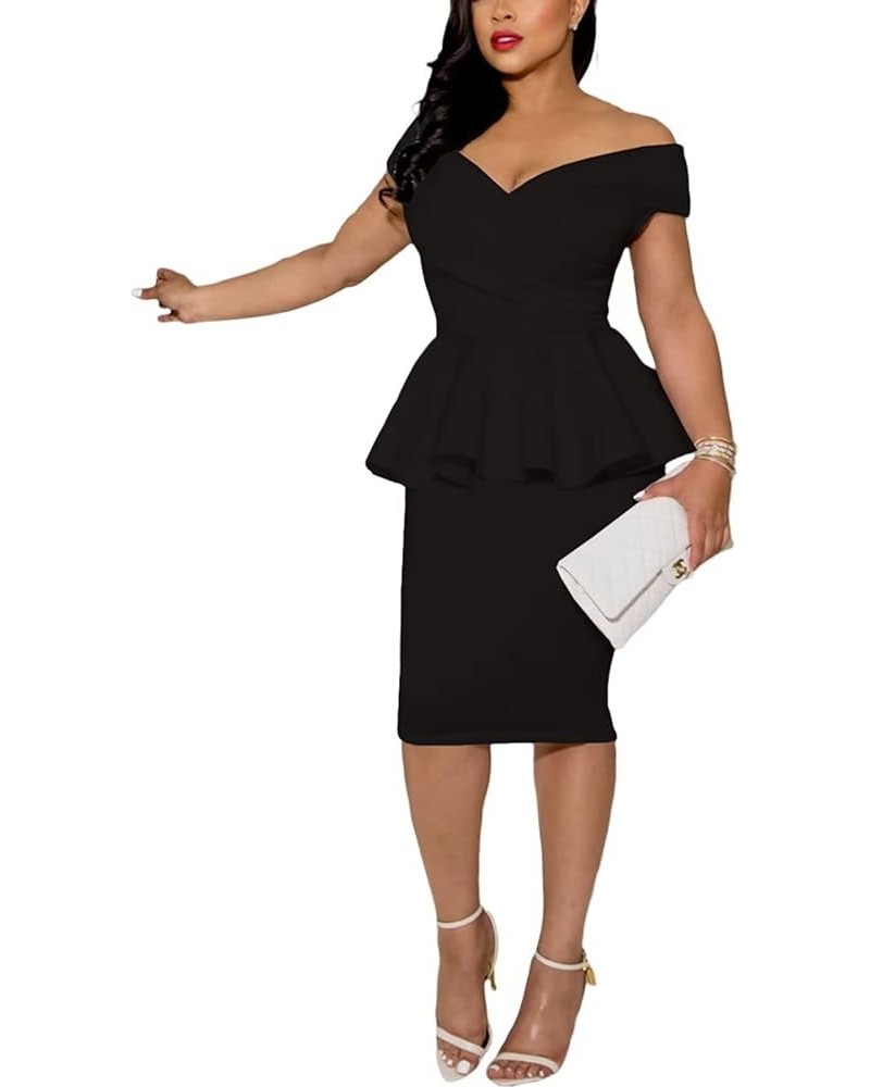 Women's Off Shoulder Dress Formal Bodycon Peplum Cocktail Dress Short Sleeve Ruffle Pencil Party Midi Dress Black $22.00 Suits