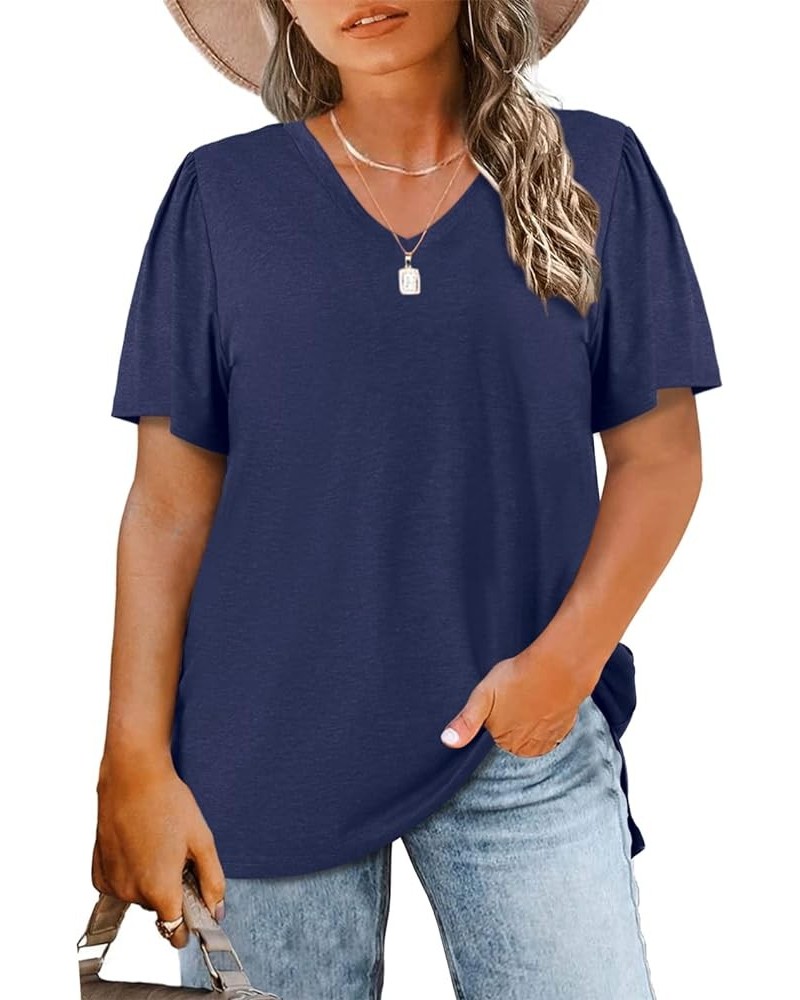 Womens Plus Size Tops Casual Summer V Neck Puff Short Sleeve Shirts Loose Fit Blouse Tee (L-4X) Navy $8.66 T-Shirts