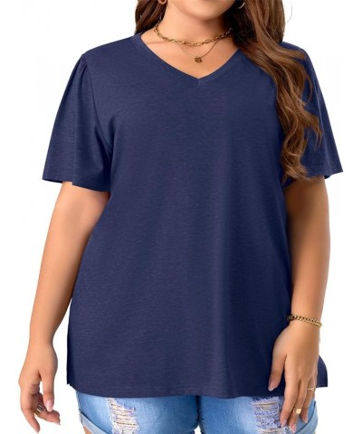 Womens Plus Size Tops Casual Summer V Neck Puff Short Sleeve Shirts Loose Fit Blouse Tee (L-4X) Navy $8.66 T-Shirts