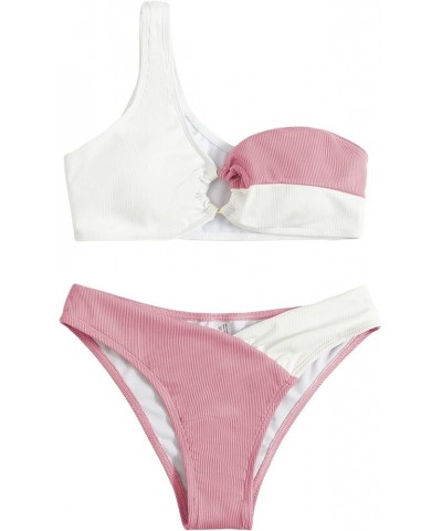 Women's Two Piece Bathing Suit Color Block One Shoulder Ribbed Bikini Swimsuit Pink White $15.80 Swimsuits