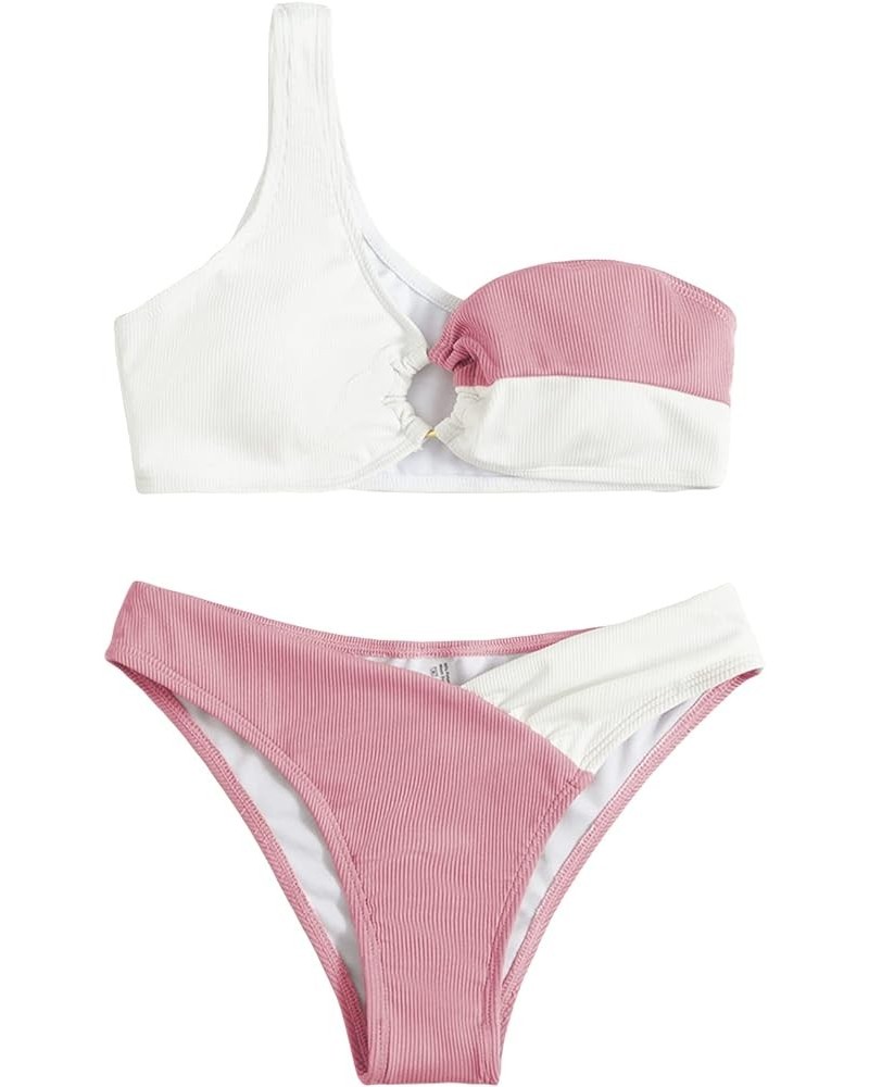 Women's Two Piece Bathing Suit Color Block One Shoulder Ribbed Bikini Swimsuit Pink White $15.80 Swimsuits