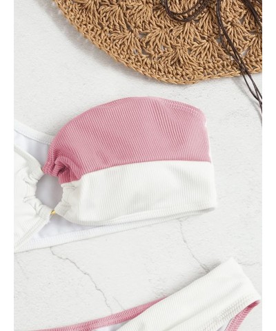 Women's Two Piece Bathing Suit Color Block One Shoulder Ribbed Bikini Swimsuit Pink White $15.80 Swimsuits