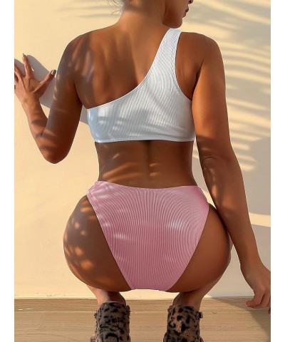 Women's Two Piece Bathing Suit Color Block One Shoulder Ribbed Bikini Swimsuit Pink White $15.80 Swimsuits