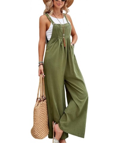 Summer Linen Rompers for Women 2024 Sleeveless Wide Leg Jumpsuit Long Casual Loose Bib Pants Overalls Baggy Rompers Army Gree...