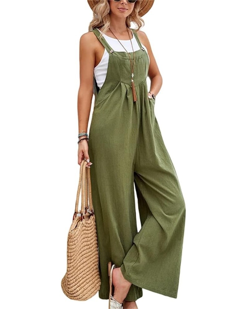 Summer Linen Rompers for Women 2024 Sleeveless Wide Leg Jumpsuit Long Casual Loose Bib Pants Overalls Baggy Rompers Army Gree...