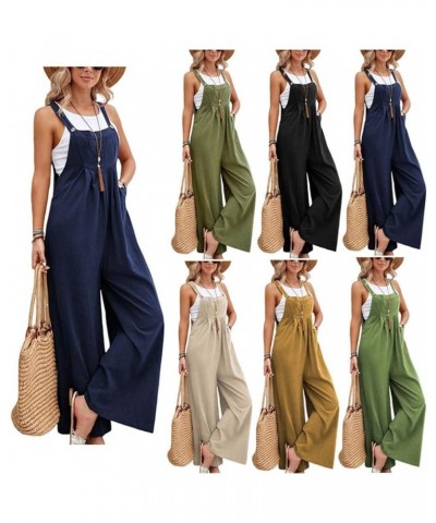 Summer Linen Rompers for Women 2024 Sleeveless Wide Leg Jumpsuit Long Casual Loose Bib Pants Overalls Baggy Rompers Army Gree...