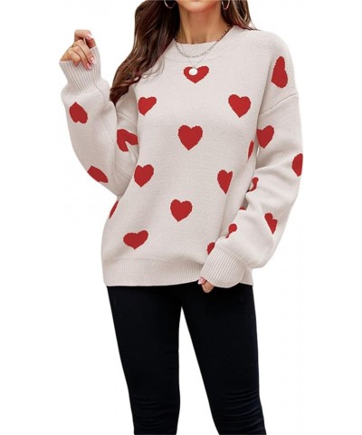 Women Cute Heart Print Sweaters Sexy Lips Graphic Long Sleeve Crewneck Knitted Pullover Fall Winter Jumper A Apricot + Red He...