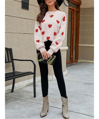 Women Cute Heart Print Sweaters Sexy Lips Graphic Long Sleeve Crewneck Knitted Pullover Fall Winter Jumper A Apricot + Red He...