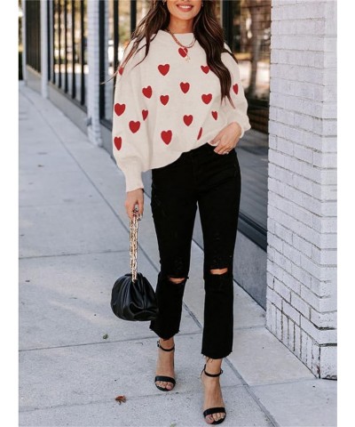 Women Cute Heart Print Sweaters Sexy Lips Graphic Long Sleeve Crewneck Knitted Pullover Fall Winter Jumper A Apricot + Red He...