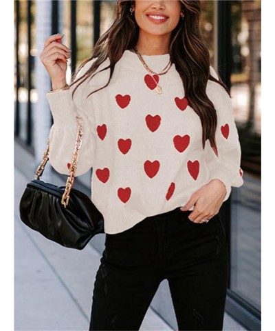 Women Cute Heart Print Sweaters Sexy Lips Graphic Long Sleeve Crewneck Knitted Pullover Fall Winter Jumper A Apricot + Red He...