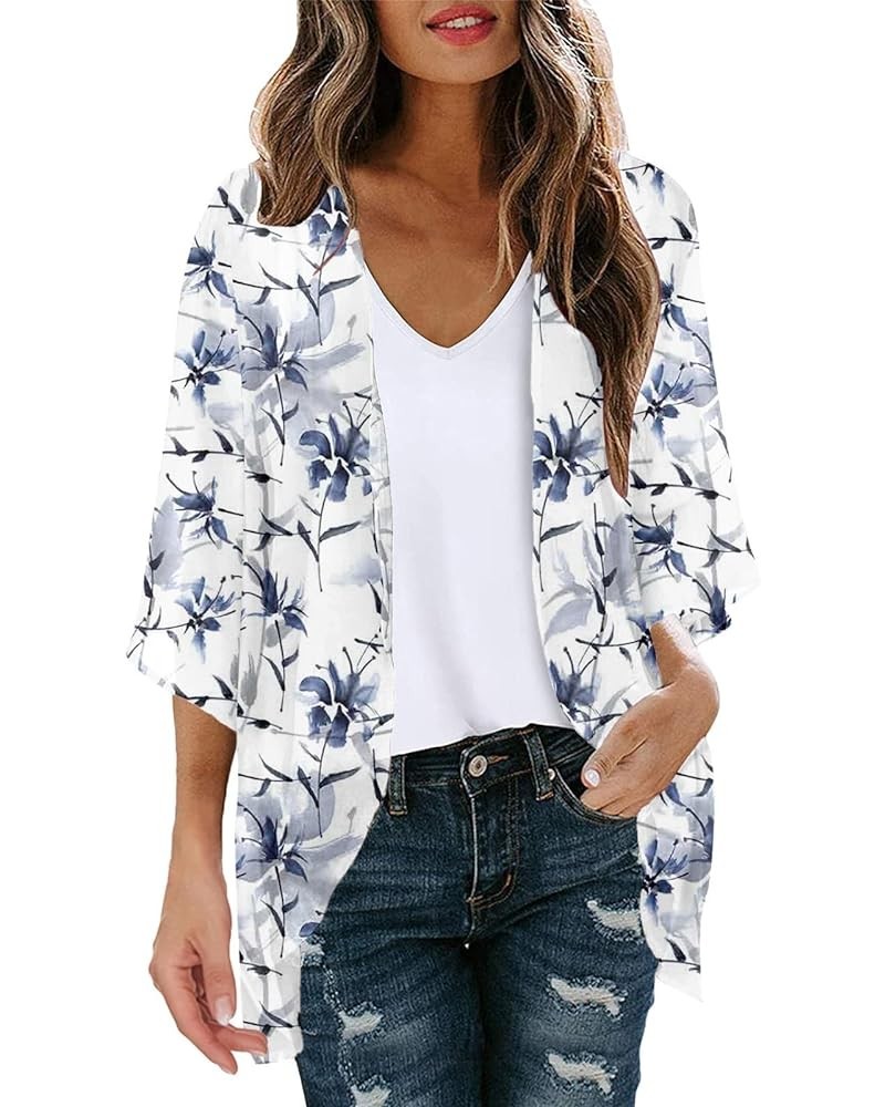 Short Sleeve Sweaters for Women SummerFloral Print Puff Sleeve Kimono Cardigan Loose Cover Up Casual Blouse Tops W01blue $10....