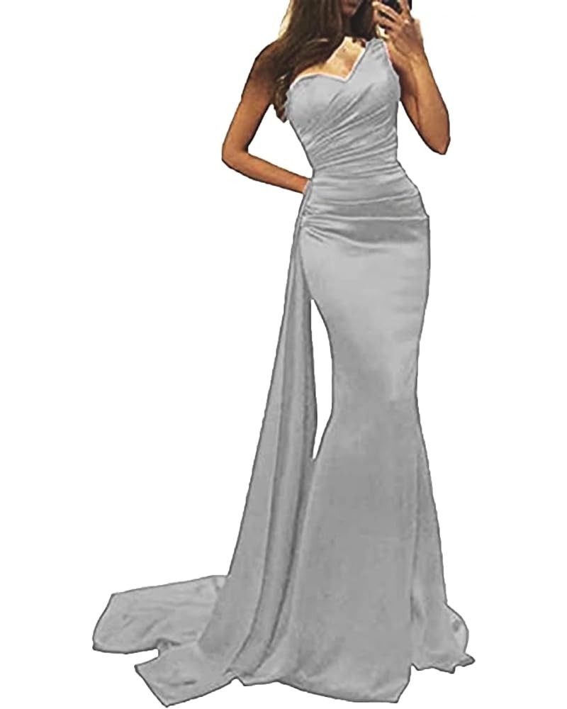 One Shoulder Mermaid Bridesmaid Dresses Long Satin Prom Dresses Evening Formal Party Gowns for Women with Tail Silver $40.49 ...