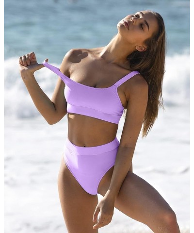 Women High Waisted Bikini Set Sports Color Block Swimsuit Scoop Neck Cheeky Bathing Suit Light Purple Bikini Sets $23.99 Swim...