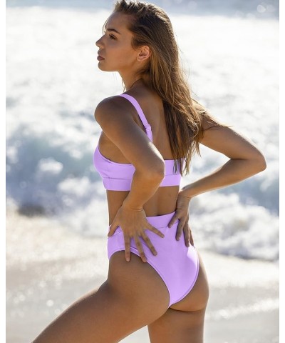 Women High Waisted Bikini Set Sports Color Block Swimsuit Scoop Neck Cheeky Bathing Suit Light Purple Bikini Sets $23.99 Swim...