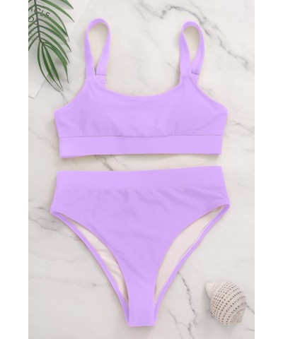 Women High Waisted Bikini Set Sports Color Block Swimsuit Scoop Neck Cheeky Bathing Suit Light Purple Bikini Sets $23.99 Swim...