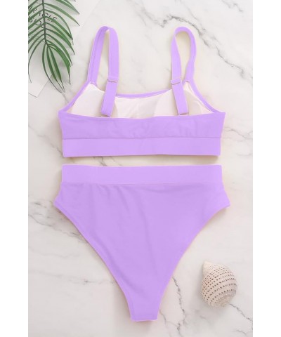 Women High Waisted Bikini Set Sports Color Block Swimsuit Scoop Neck Cheeky Bathing Suit Light Purple Bikini Sets $23.99 Swim...