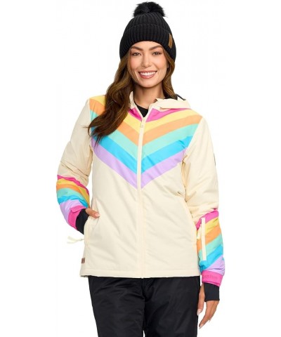 Ski Jackets for Women - Bright Colorful Apres Ski Outerwear Hooded Waterproof Snow Jackets for Adults Off White Retro Rainbow...