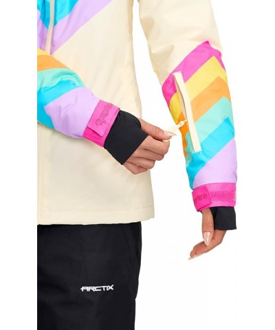 Ski Jackets for Women - Bright Colorful Apres Ski Outerwear Hooded Waterproof Snow Jackets for Adults Off White Retro Rainbow...