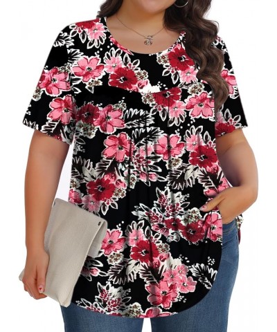 Womens Plus Size Tops Tunic Short Sleeve Crew Neck Shirts Casual Soft Blouse 1X-5X Black Begonia Flower $10.25 Tops