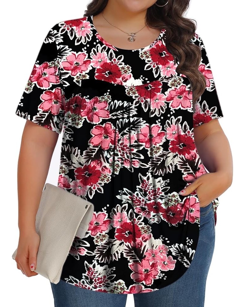 Womens Plus Size Tops Tunic Short Sleeve Crew Neck Shirts Casual Soft Blouse 1X-5X Black Begonia Flower $10.25 Tops