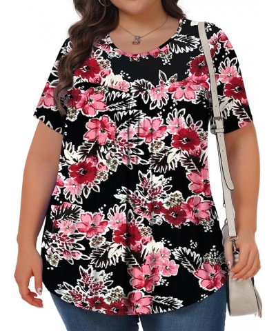 Womens Plus Size Tops Tunic Short Sleeve Crew Neck Shirts Casual Soft Blouse 1X-5X Black Begonia Flower $10.25 Tops