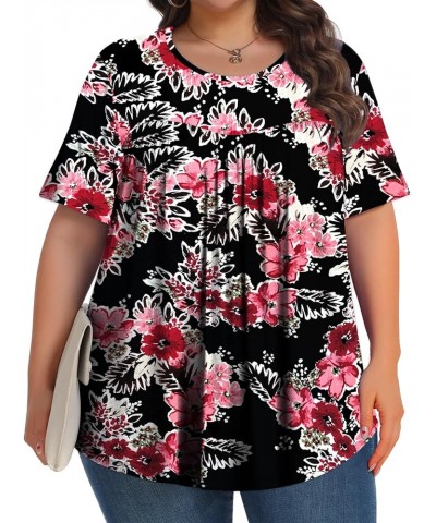 Womens Plus Size Tops Tunic Short Sleeve Crew Neck Shirts Casual Soft Blouse 1X-5X Black Begonia Flower $10.25 Tops