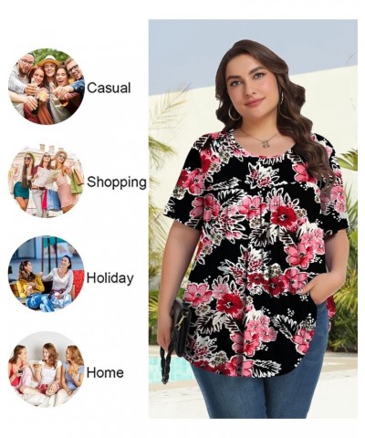 Womens Plus Size Tops Tunic Short Sleeve Crew Neck Shirts Casual Soft Blouse 1X-5X Black Begonia Flower $10.25 Tops