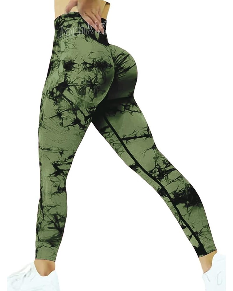 Tie Dye Seamless Leggings for Women High Waist Workout Yoga Pants Scrunch Butt Lifting Compression Tights 1 Olive Green $11.7...