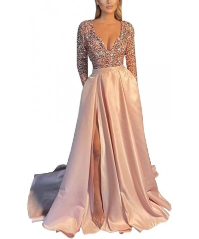 V Neck Long Sleeve Sequin Satin Prom Dresses 2022 Mermaid Formal Gown and Evening Dress with Slit Blush Pink $33.11 Dresses