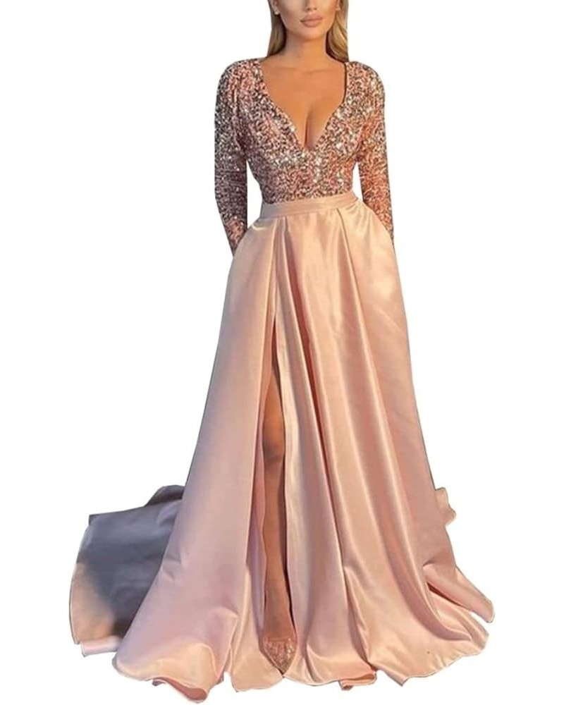 V Neck Long Sleeve Sequin Satin Prom Dresses 2022 Mermaid Formal Gown and Evening Dress with Slit Blush Pink $33.11 Dresses