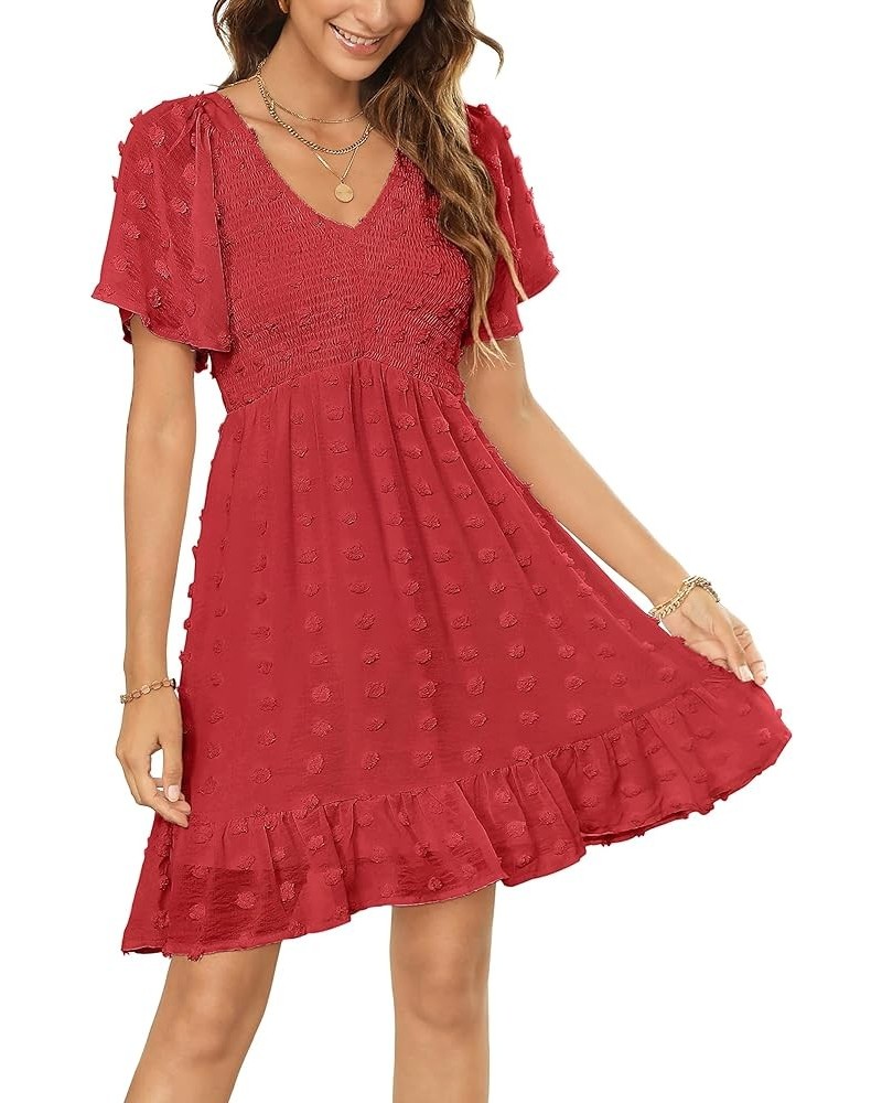 Women's 2024 Summer Spring Flowy Smocked Dress Short/Long Sleeve Ruffle Hem Swiss Dot V Neck Mini Dress Solid Red $14.69 Dresses