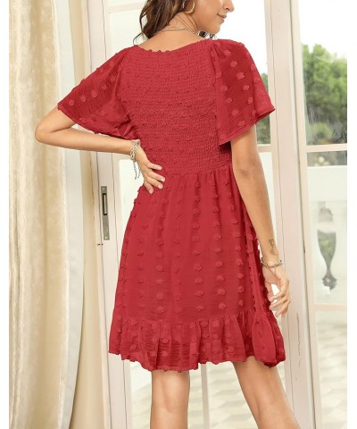 Women's 2024 Summer Spring Flowy Smocked Dress Short/Long Sleeve Ruffle Hem Swiss Dot V Neck Mini Dress Solid Red $14.69 Dresses