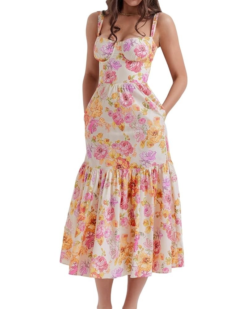 Women's Summer Floral Print Dress Midi Sleeveless Strappy Cami Bodycon Casual Wedding Guest Dresses C-whiteorange $26.95 Dresses