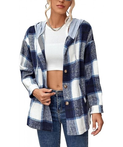 Women's Oversized Flannel Plaid Button Down Shirts Long Sleeve Hoodie Casual Jacket Coat Dark Blue $13.74 Jackets