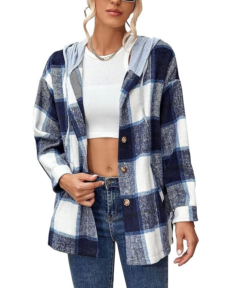 Women's Oversized Flannel Plaid Button Down Shirts Long Sleeve Hoodie Casual Jacket Coat Dark Blue $13.74 Jackets