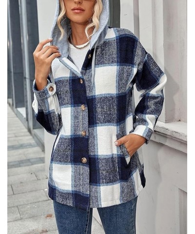 Women's Oversized Flannel Plaid Button Down Shirts Long Sleeve Hoodie Casual Jacket Coat Dark Blue $13.74 Jackets