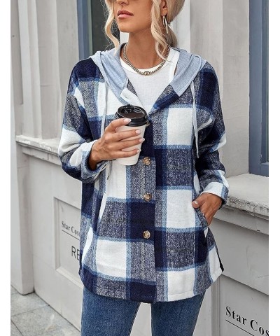 Women's Oversized Flannel Plaid Button Down Shirts Long Sleeve Hoodie Casual Jacket Coat Dark Blue $13.74 Jackets