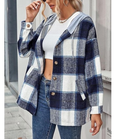 Women's Oversized Flannel Plaid Button Down Shirts Long Sleeve Hoodie Casual Jacket Coat Dark Blue $13.74 Jackets