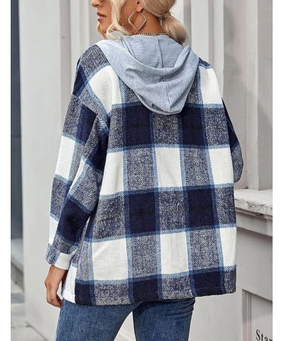 Women's Oversized Flannel Plaid Button Down Shirts Long Sleeve Hoodie Casual Jacket Coat Dark Blue $13.74 Jackets